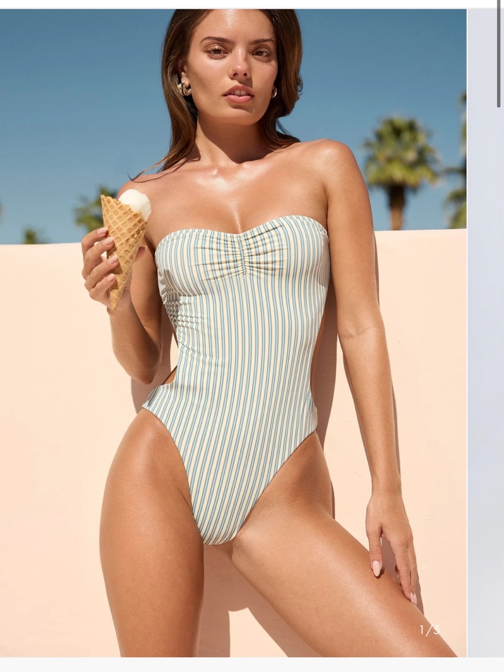 Oh Polly Striped Bandeau One-Piece Swimsuit in Light Blue and White